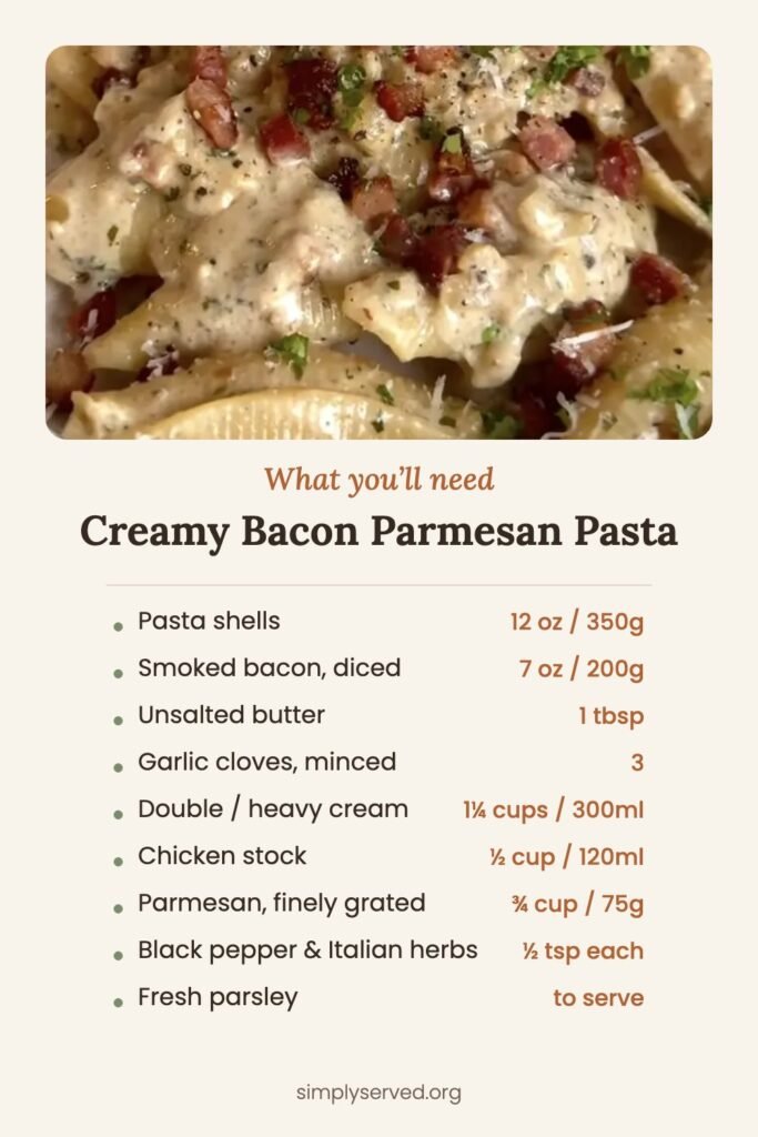 Ingredients for creamy bacon parmesan pasta